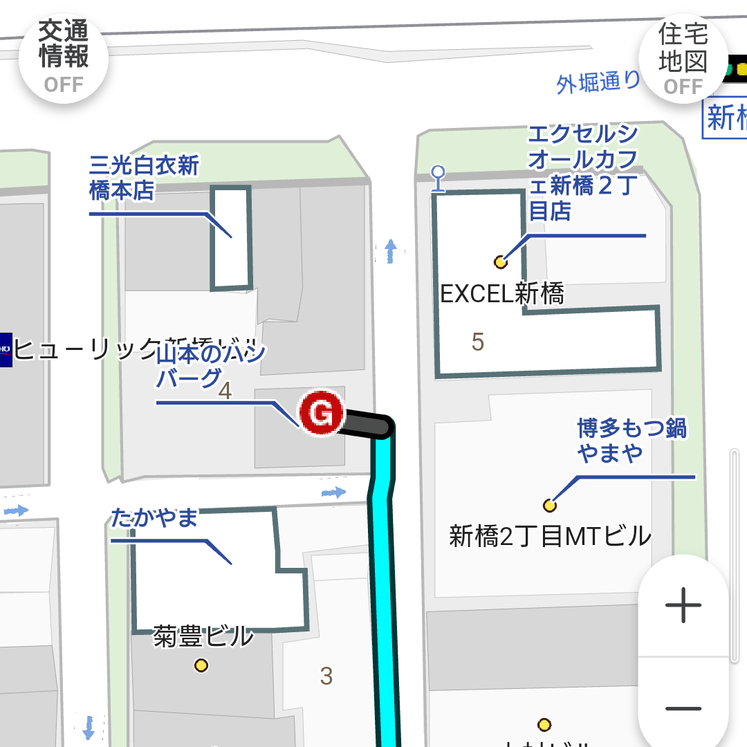 カーナビで目的地付近へ近づくと、建物名や住所が強調表示